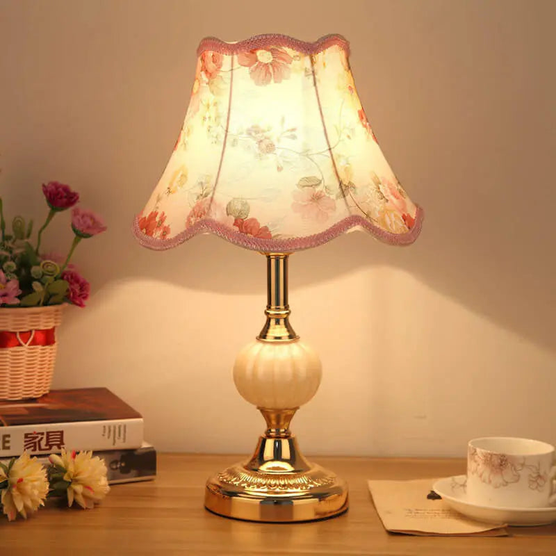 Nordic Vintage Floral Glass Fabric 1-Light Table Lamp Cuvalon