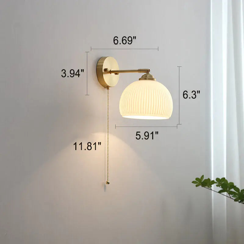 Nordic Striped Milk White Glass Brass 1-Light Pull Cord Wall Sconce Lamp Cuvalon
