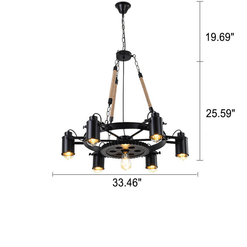 Industrial Retro Gear Wrought Ion Hemp Rope 6/8/10-Light Chandelier Cuvalon