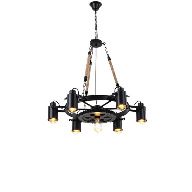 Industrial Retro Gear Wrought Ion Hemp Rope 6/8/10-Light Chandelier Cuvalon