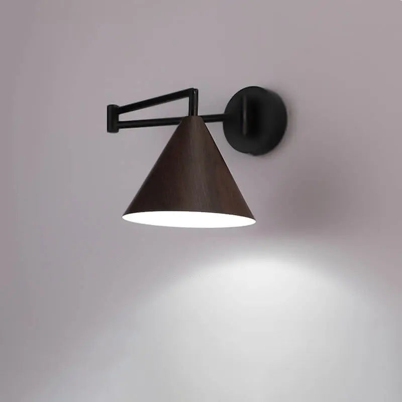 Nordic Minimalist Cone Swing Arm Wood Grain Iron 1-Light Wall Sconce Lamp Cuvalon