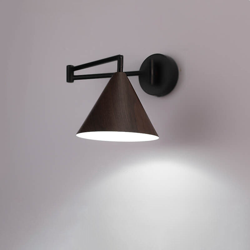 Nordic Minimalist Cone Swing Arm Wood Grain Iron 1-Light Wall Sconce Lamp Cuvalon