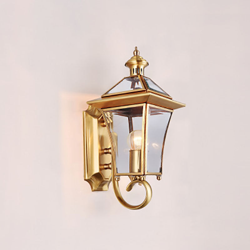 European Modern Luxury Quadrilateral Brass Glass Waterproof 1-Light Outdoor Wall Sconce Lamp Cuvalon