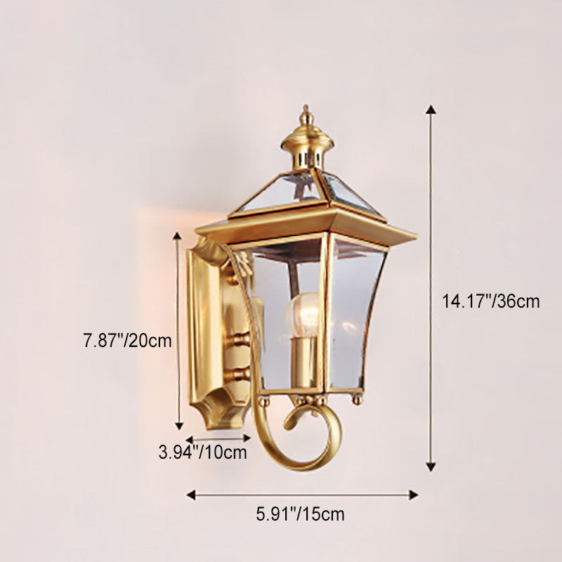 European Modern Luxury Quadrilateral Brass Glass Waterproof 1-Light Outdoor Wall Sconce Lamp Cuvalon