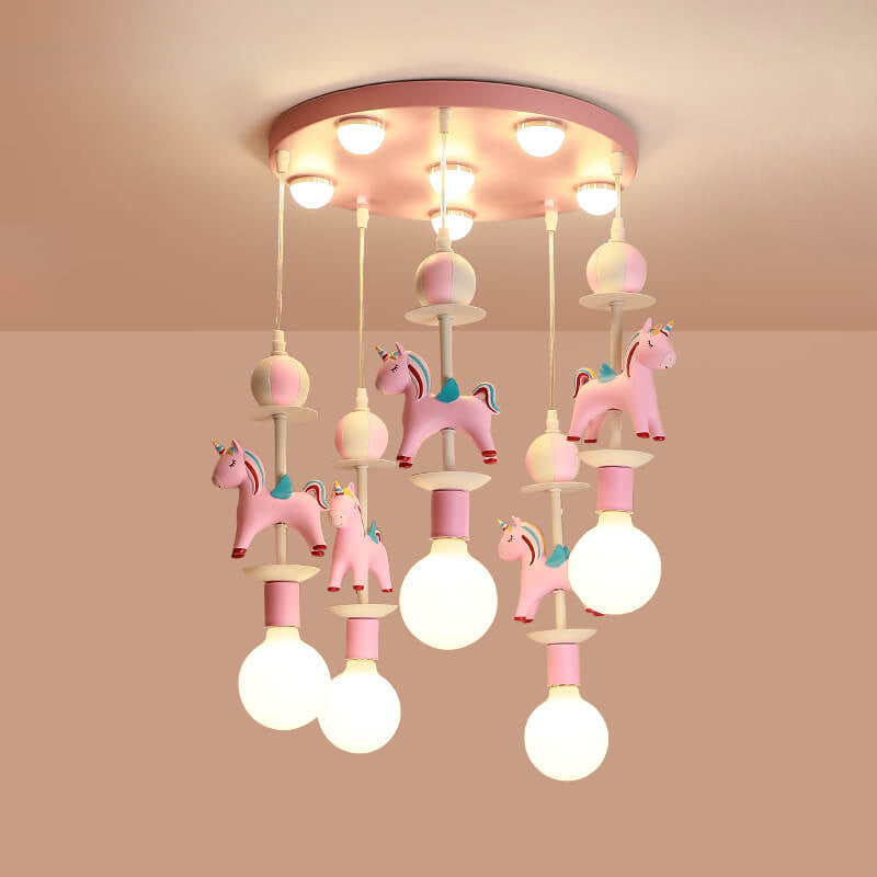 Modern Children's Carousel Eye Protection Resin Iron 1/7/11 Light Flush Mount Ceiling Light Cuvalon