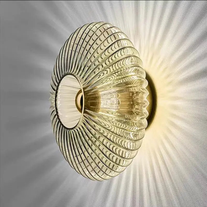 Nordic Vintage Striped Glass Round Disc 1-Light Wall Sconce Lamp Cuvalon