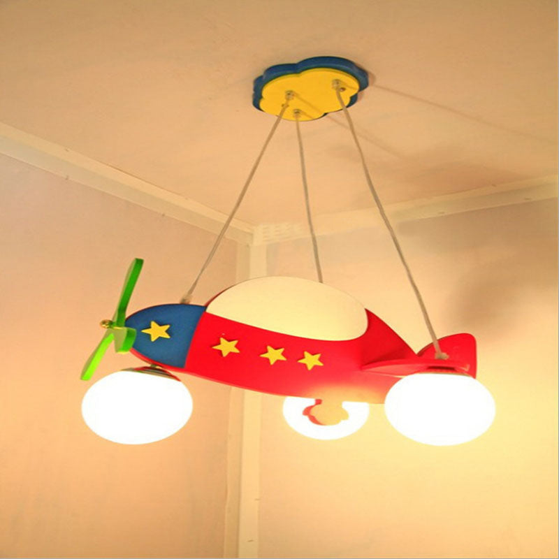 Contemporary Creative Wooden Airplane Glass 3-Light Chandelier For Bedroom Cuvalon