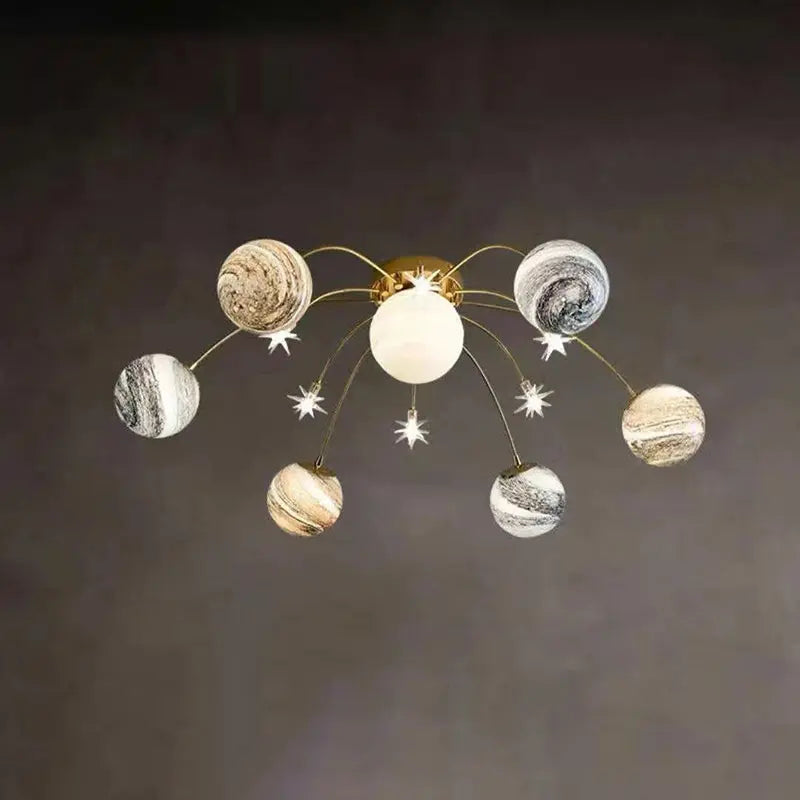 Contemporary Nordic Kids Iron Glass Ball Earth Planet 13-Light Semi-Flush Mount Ceiling Light For Bedroom Cuvalon