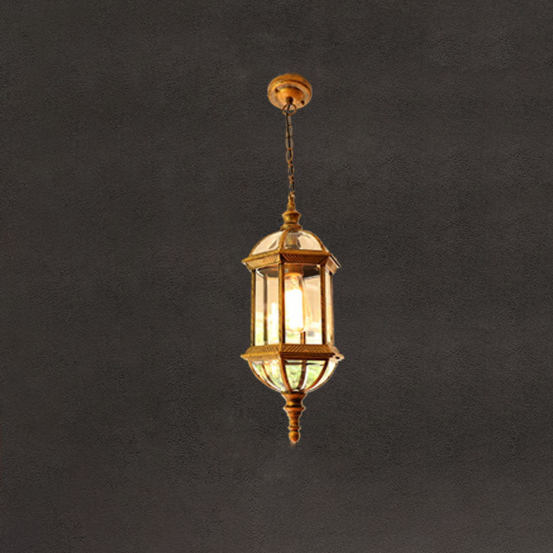 Contemporary Retro Hexagonal Lantern Glass Aluminum 1-Light Waterproof Pendant Light For Outdoor Patio Cuvalon