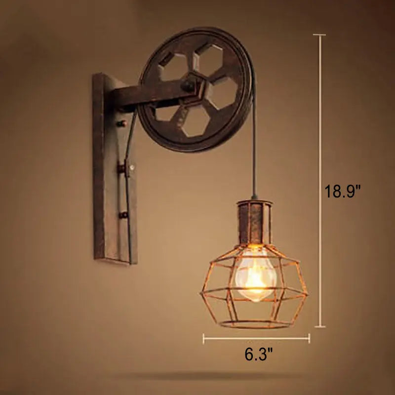 Vintage Industrial Pulley Iron 1-Light Wall Sconce Lamp Cuvalon
