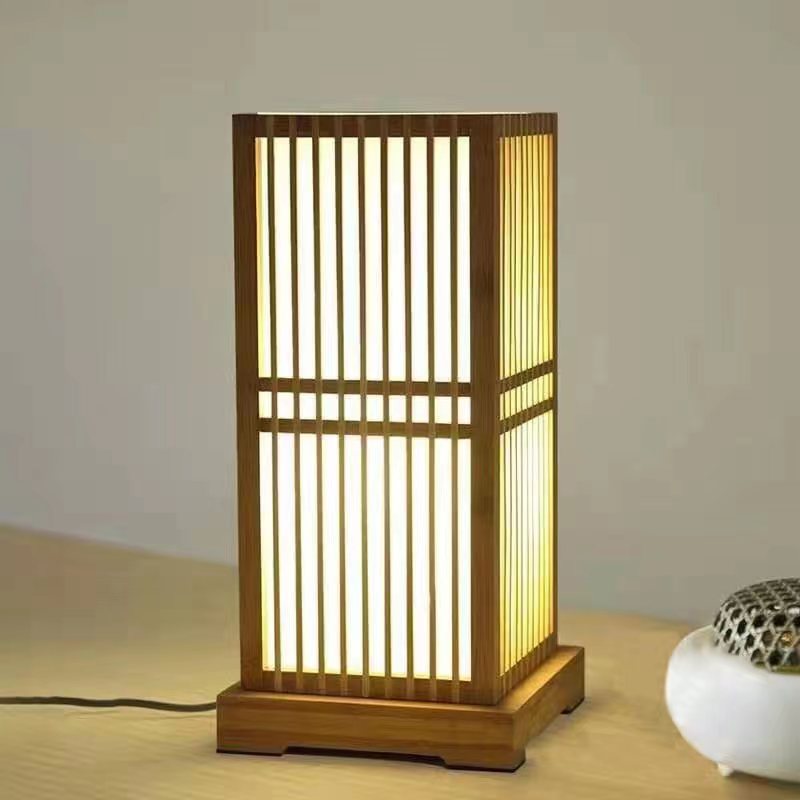 Japanese Minimalist Wooden Square Column 1-Light Table Lamp Cuvalon