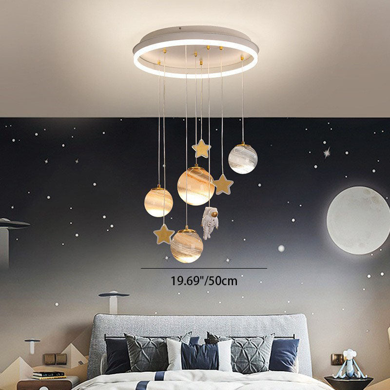 Contemporary Scandinavian Space Planet Acrylic Glass Round Shade LED Kids Flush Mount Ceiling Light For Bedroom Cuvalon