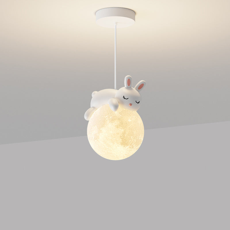 Contemporary Creative Resin Animal Rabbit Moon 1-Light Kids Pendant Light For Living Room Cuvalon