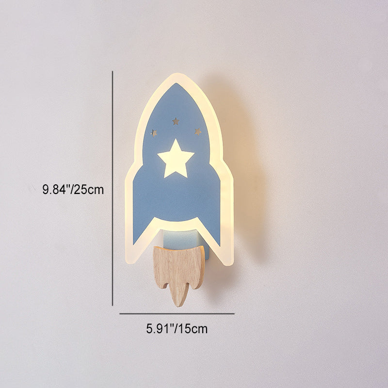 Contemporary Creative Kids Wood Acrylic Rocket LED Wall Sconce Lamp For Bedside Cuvalon