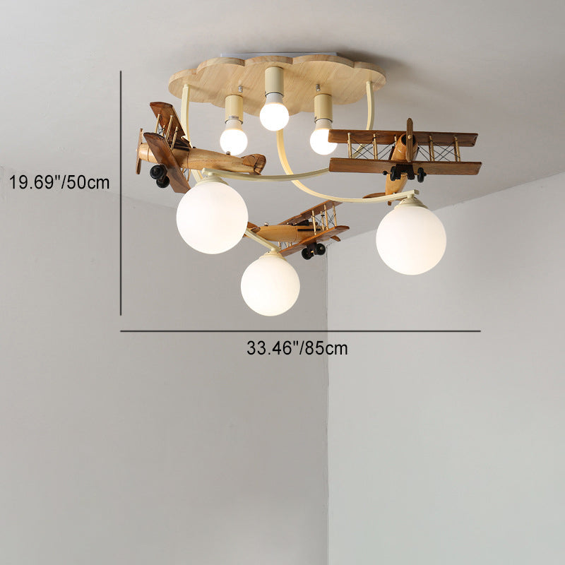 Contemporary Nordic Kids Iron Rubber Wood Glass Plane Cloud Ball 6-Light Flush Mount Ceiling Light For Bedroom Cuvalon