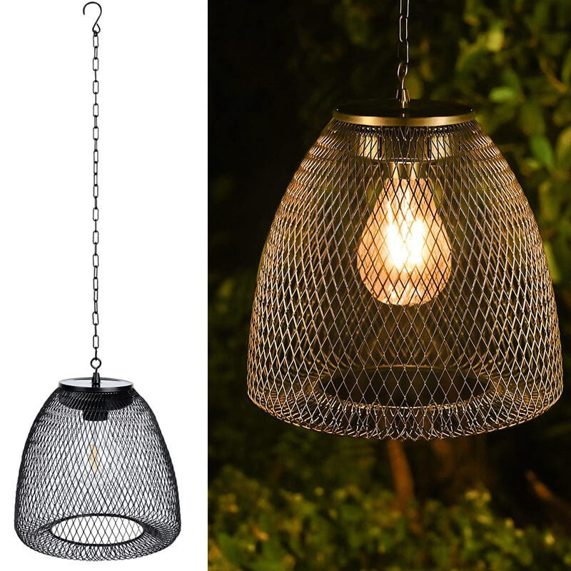 Traditional Rustic Iron Net Rattan Weaving Cage LED Solar Waterproof Pendant Light For Outdoor Patio Cuvalon
