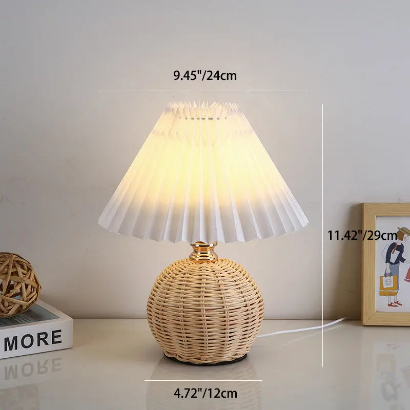 Contemporary Nordic Rattan Fabric Pleated Conic Ball LED Table Lamp For Bedroom Cuvalon