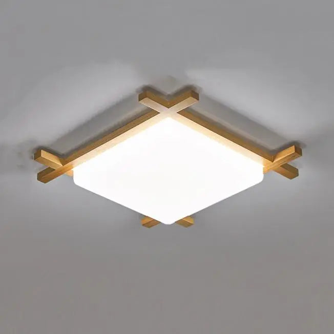 Traditional Japanese Wood Acrylic Square Tatami LED Flush Mount Ceiling Light For Bedroom Cuvalon