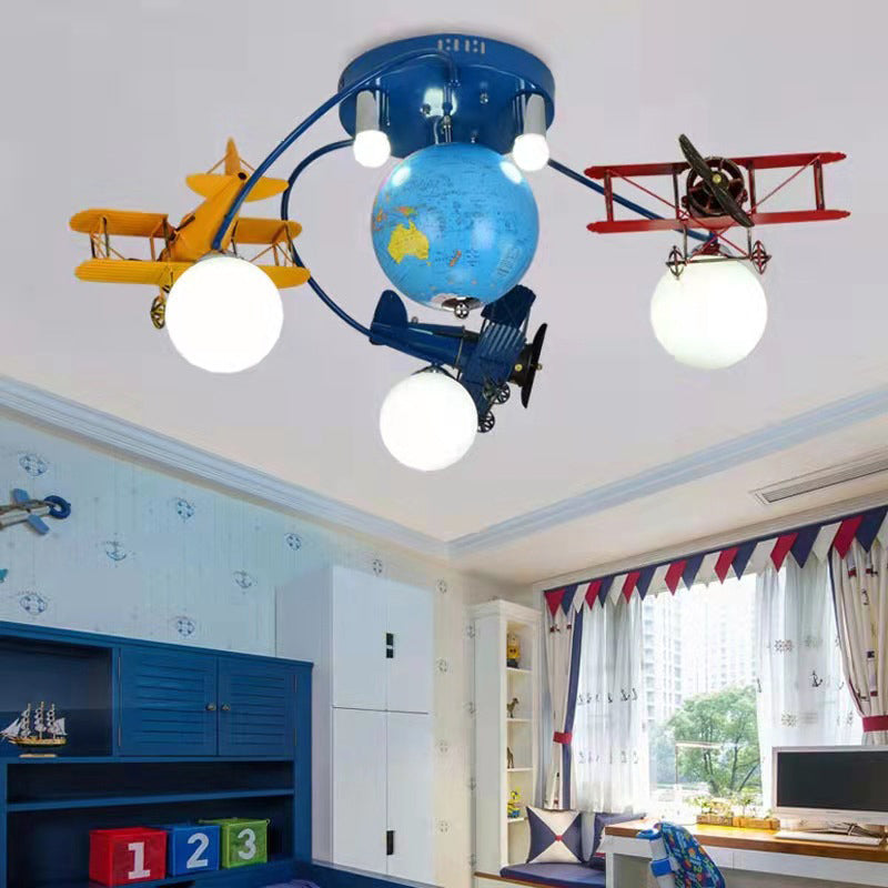 Modern Art Deco Orb Airplane Globe Glass Iron Kids 6-Light Flush Mount Ceiling Light For Bedroom Cuvalon