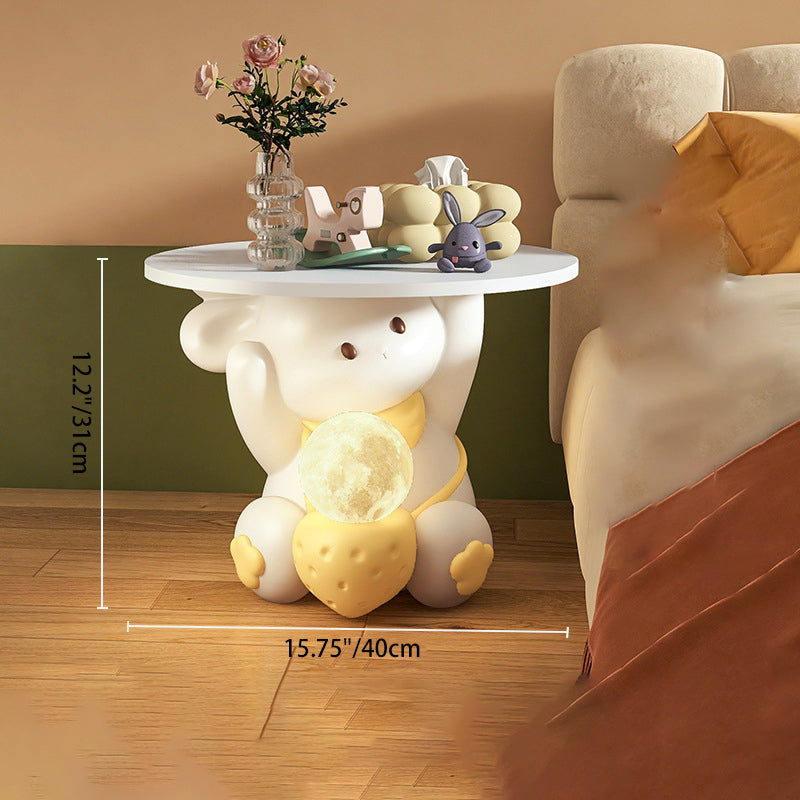 Modern Art Deco Kids Rabbit Round Plate Rectangular Drawer Resin Wood Enamel End Table 1-Drawer With LED Light For Bedroom Cuvalon