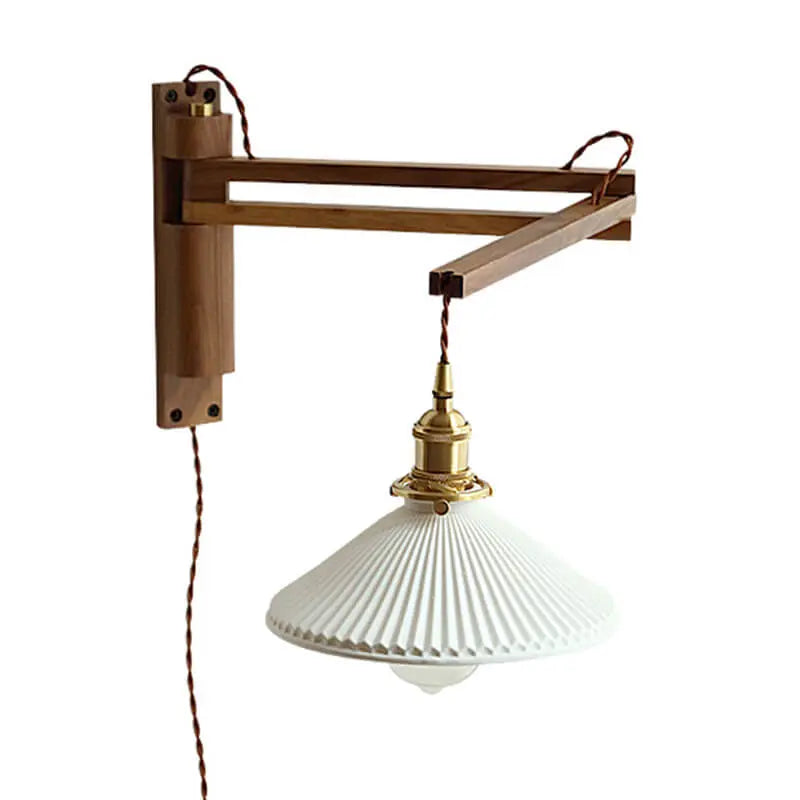 Nordic Milk White Striped Glass Walnut Retractable 1-Light Wall Sconce Lamp Cuvalon