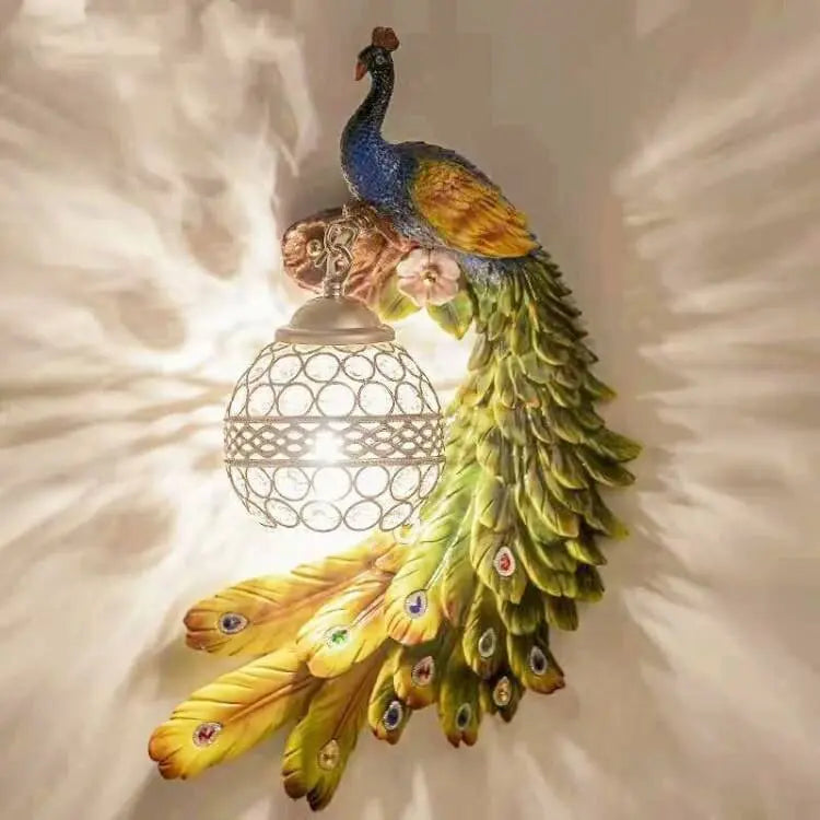 Vintage Ornate Resin Long Tail Peacock Crystal Ball Shade 1-Light Wall Sconce Lamp Cuvalon