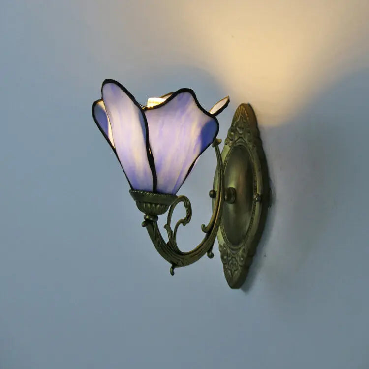 Vintage Tiffany Petals Stained Glass 1-Light Wall Sconce Lamp Cuvalon