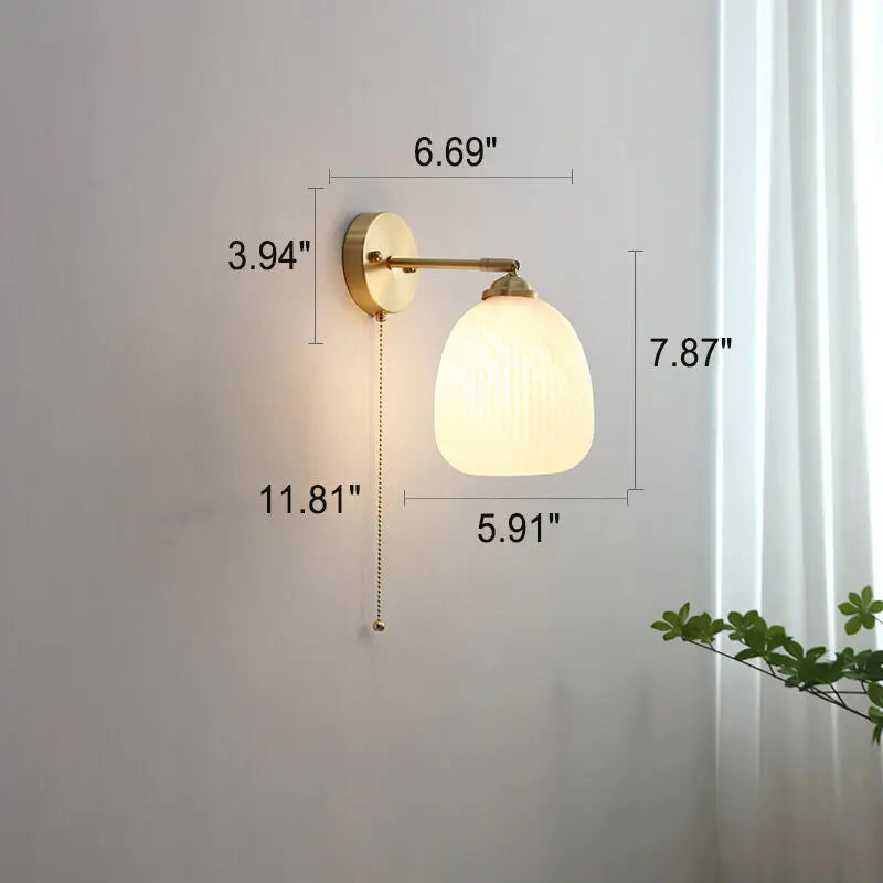 Nordic Striped Milk White Glass Brass 1-Light Pull Cord Wall Sconce Lamp Cuvalon