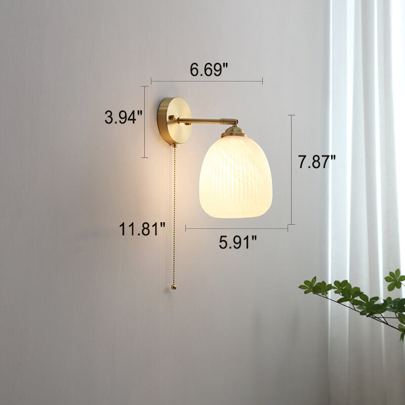 Nordic Striped Milk White Glass Brass 1-Light Pull Cord Wall Sconce Lamp Cuvalon