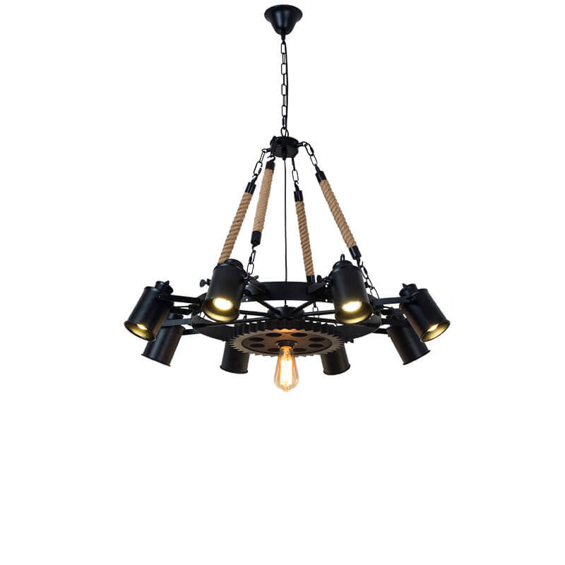 Industrial Retro Gear Wrought Ion Hemp Rope 6/8/10-Light Chandelier Cuvalon