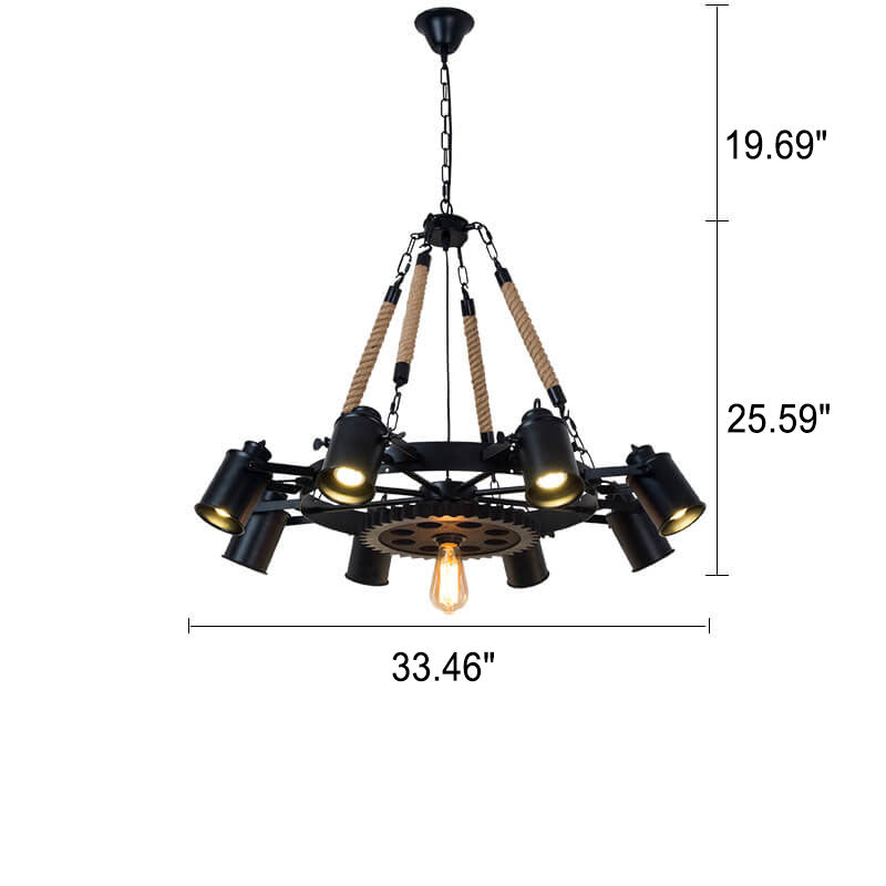 Industrial Retro Gear Wrought Ion Hemp Rope 6/8/10-Light Chandelier Cuvalon
