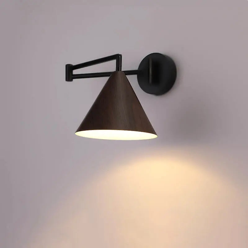 Nordic Minimalist Cone Swing Arm Wood Grain Iron 1-Light Wall Sconce Lamp Cuvalon