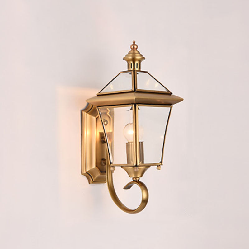 European Modern Luxury Quadrilateral Brass Glass Waterproof 1-Light Outdoor Wall Sconce Lamp Cuvalon