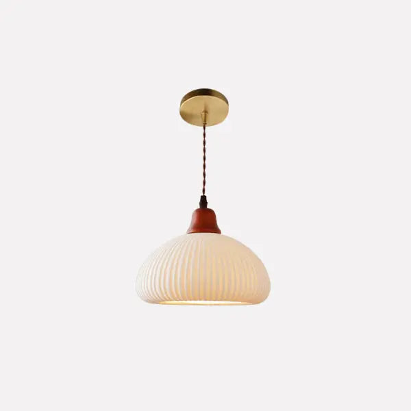 Japanese Vintage Pleated Ceramic Round Dome Wood 1-Light Pendant Light Cuvalon