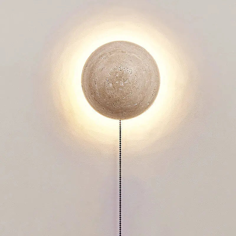 Japanese Minimalist Round Yellow Travertine Wabi-Sabi LED Wall Sconce Lamp Cuvalon