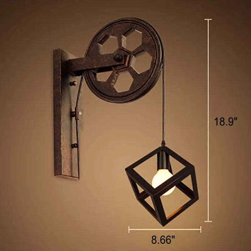 Vintage Industrial Pulley Iron 1-Light Wall Sconce Lamp Cuvalon