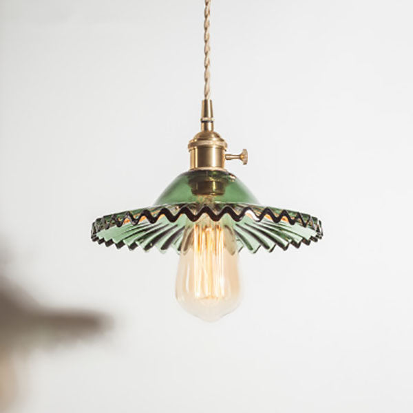 Traditional Vintage Round Ripple Brass Glass 1-Light Pendant Light For Living Room Cuvalon