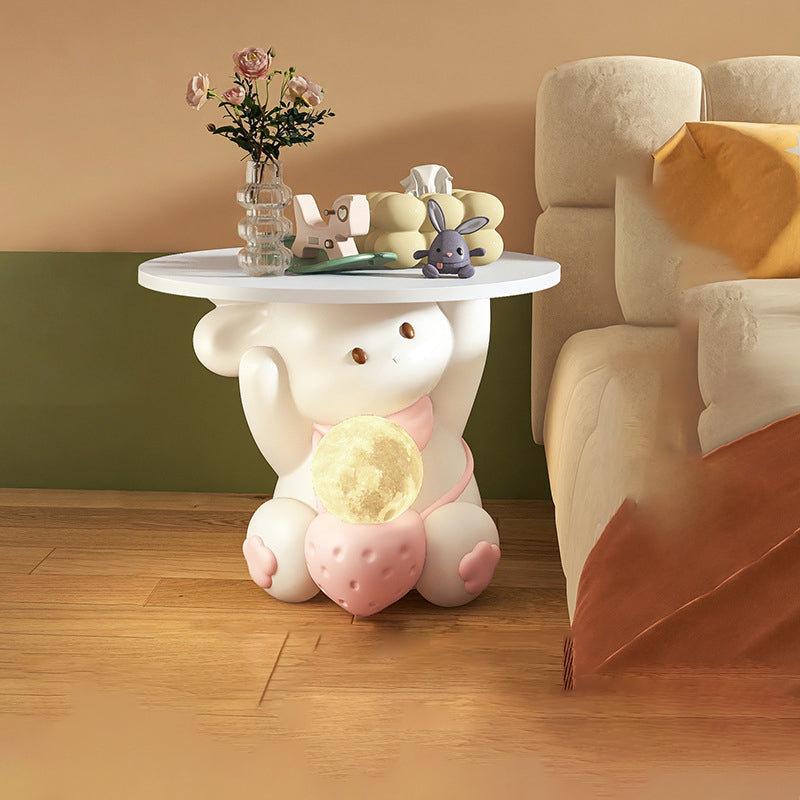 Modern Art Deco Kids Rabbit Round Plate Rectangular Drawer Resin Wood Enamel End Table 1-Drawer With LED Light For Bedroom Cuvalon