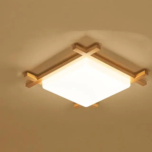 Traditional Japanese Wood Acrylic Square Tatami LED Flush Mount Ceiling Light For Bedroom Cuvalon