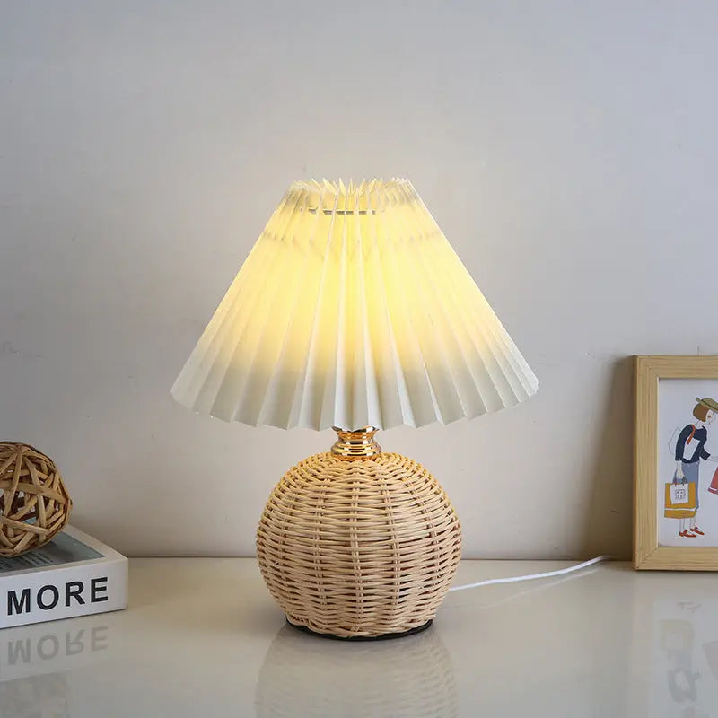 Contemporary Nordic Rattan Fabric Pleated Conic Ball LED Table Lamp For Bedroom Cuvalon
