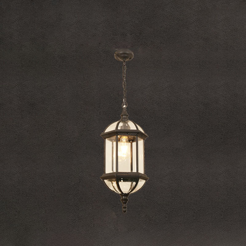 Contemporary Retro Hexagonal Lantern Glass Aluminum 1-Light Waterproof Pendant Light For Outdoor Patio Cuvalon