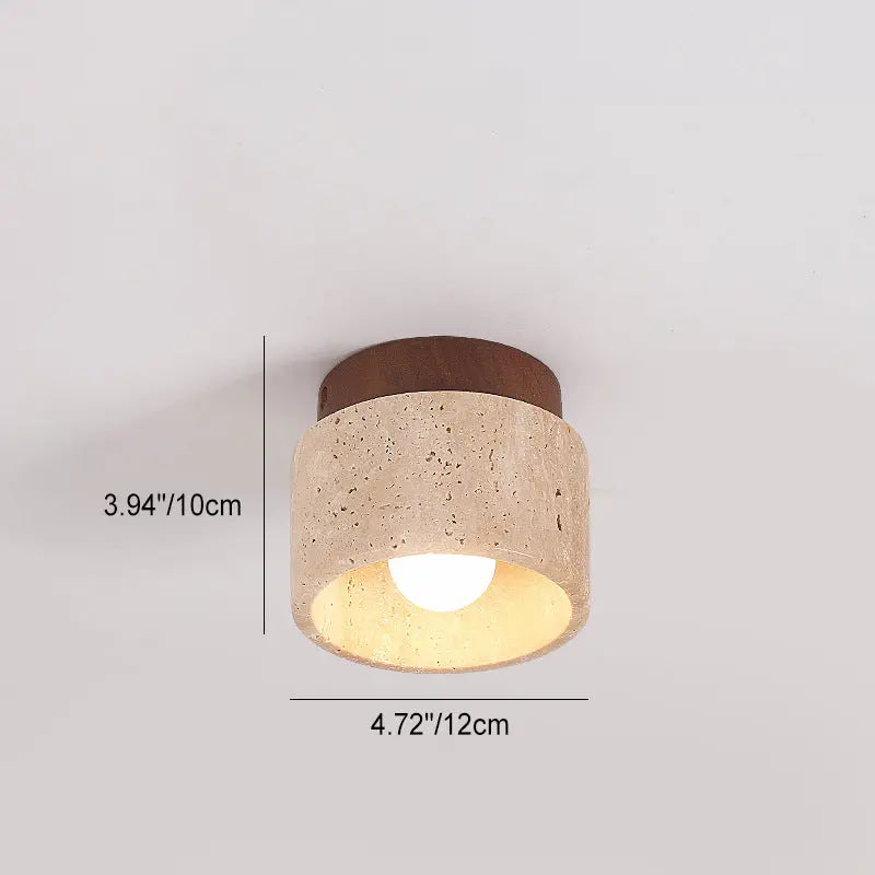 Japanese Wabi-Sabi Yellow Travertine Column Wood 1-Light Semi-Flush Mount Ceiling Light Cuvalon