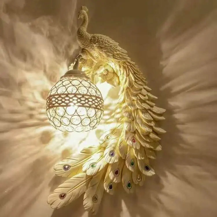 Vintage Ornate Resin Long Tail Peacock Crystal Ball Shade 1-Light Wall Sconce Lamp Cuvalon