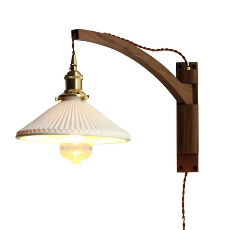 Nordic Milk White Striped Glass Walnut Retractable 1-Light Wall Sconce Lamp Cuvalon