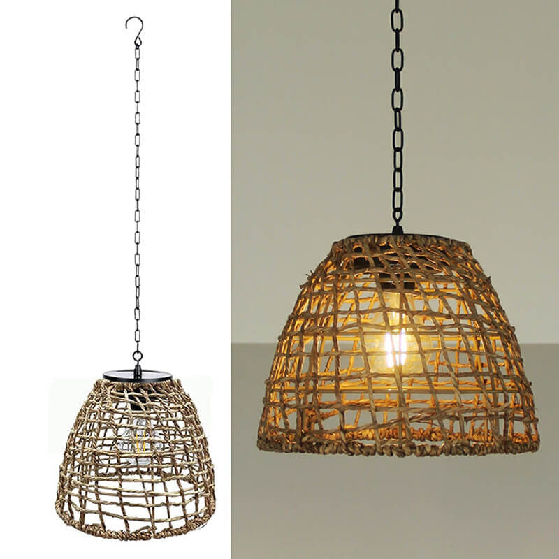 Traditional Rustic Iron Net Rattan Weaving Cage LED Solar Waterproof Pendant Light For Outdoor Patio Cuvalon