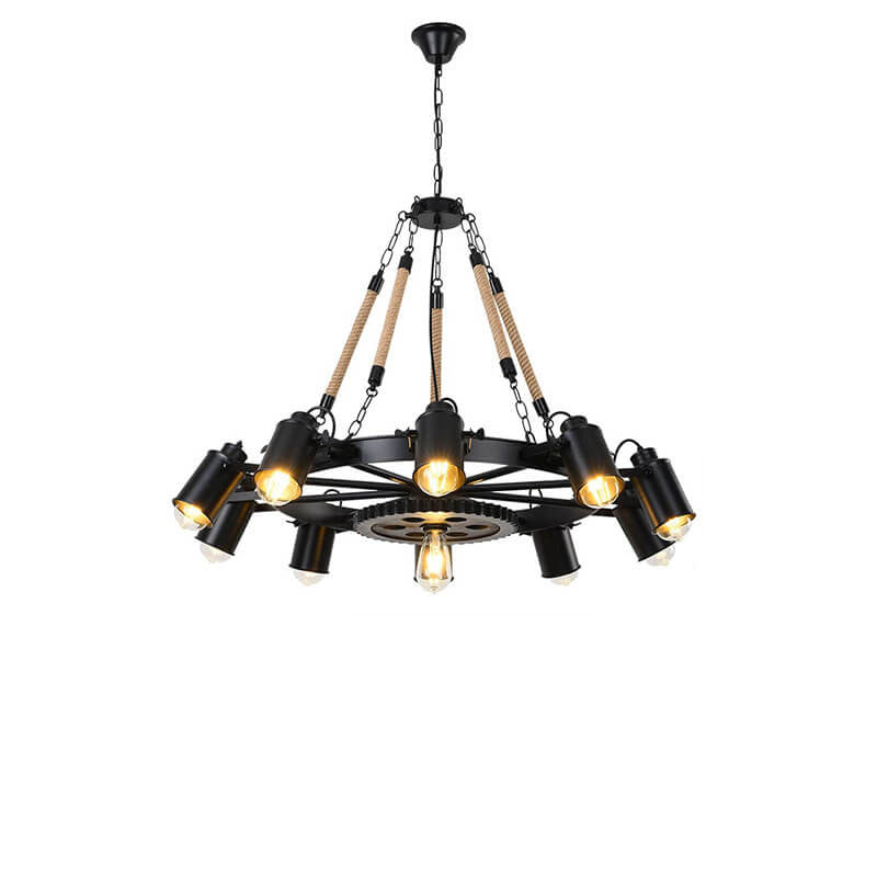 Industrial Retro Gear Wrought Ion Hemp Rope 6/8/10-Light Chandelier Cuvalon