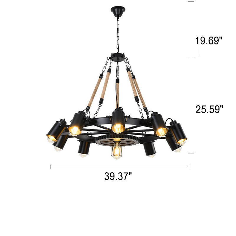 Industrial Retro Gear Wrought Ion Hemp Rope 6/8/10-Light Chandelier Cuvalon