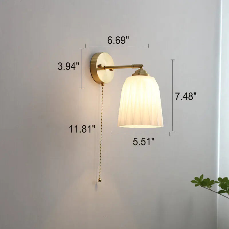 Nordic Striped Milk White Glass Brass 1-Light Pull Cord Wall Sconce Lamp Cuvalon