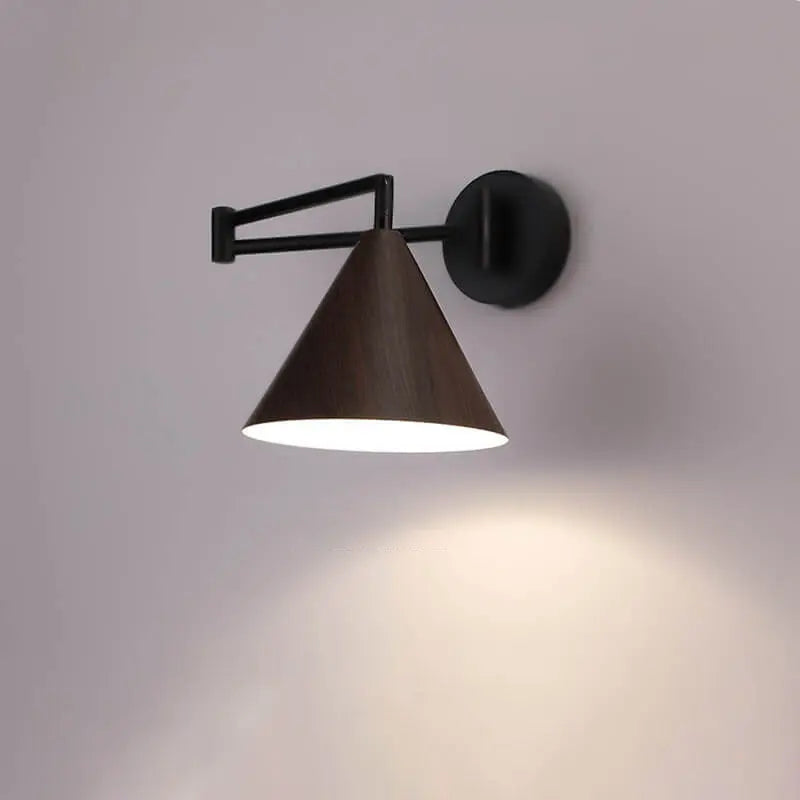 Nordic Minimalist Cone Swing Arm Wood Grain Iron 1-Light Wall Sconce Lamp Cuvalon