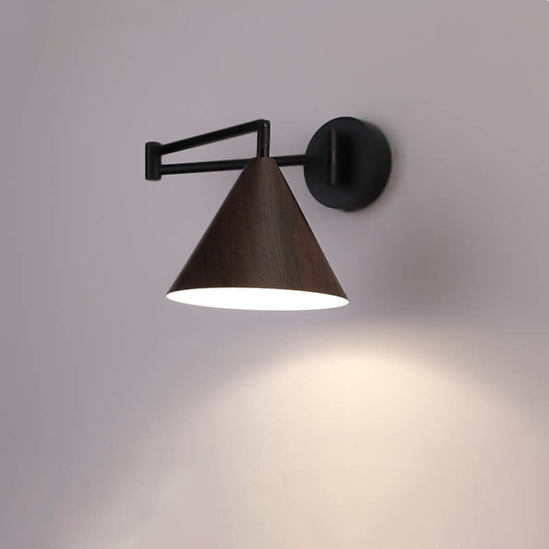 Nordic Minimalist Cone Swing Arm Wood Grain Iron 1-Light Wall Sconce Lamp Cuvalon
